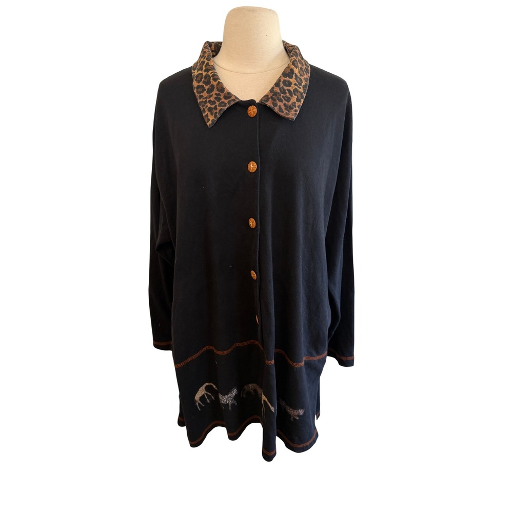 Vintage EZI Black Safari Animal Print Embroidered Tunic Top Leopard Collar 1X